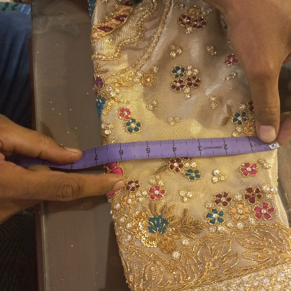 Tena Durrani Cream and Gold Sequin Wedding Dress with Bishop Sleeves - Picture 8 of 15